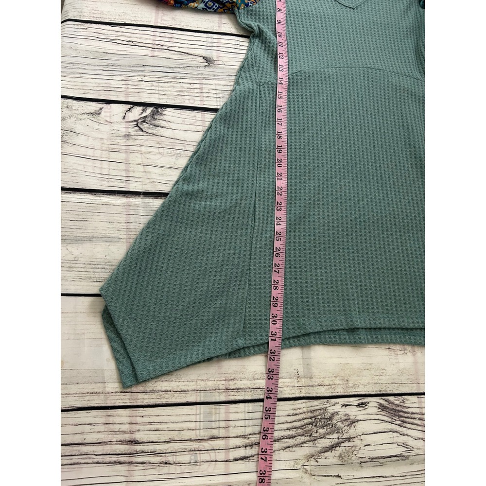 Umgee USA Sage Green Waffle Knit Mixed Print Balloon Sleeve Tunic Top S Boho - Picture 7 of 7